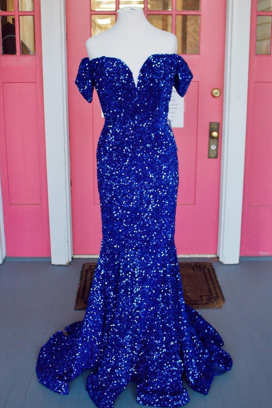 Off the Shoulder Royal Blue Sequins Mermaid Long Formal Dress Outfits For Girls,Prom Dresses
