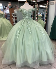 Off The Shoulder Sage Green Ball Gown With Flowers Sweet 16 Dress Outfits For Women Quinceanera