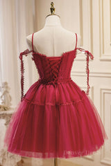 Off the Shoulder Short Burgundy Lace Prom Dresses, Wine Red Short Lace Formal Graduation Dresses