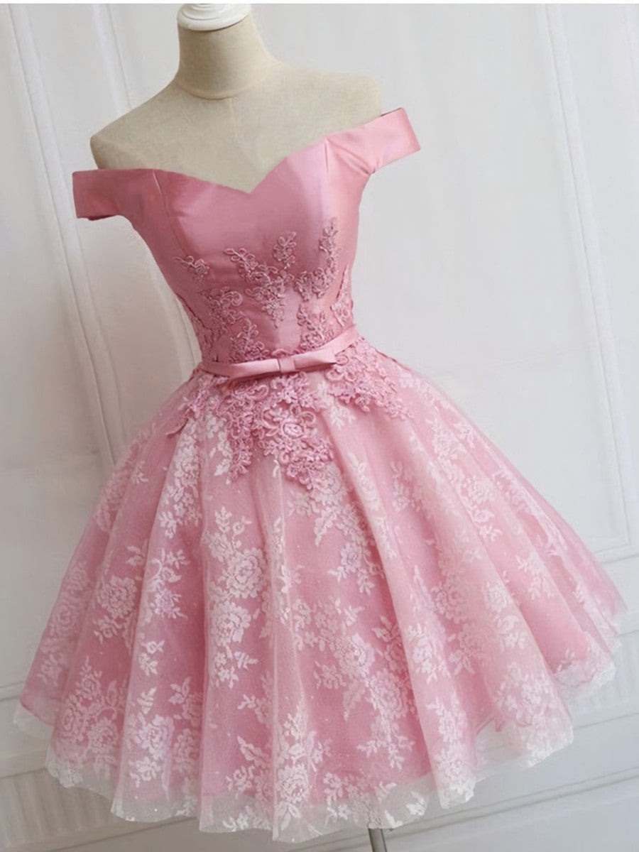 Off the Shoulder Short Pink Lace Prom Dresses For Black girls For Women, Short Pink Lace Graduation Homecoming Dresses