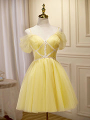 Off the Shoulder Short Yellow Prom Dresses For Black girls For Women, Off Shoulder Short Yellow Formal Graduation Dresses