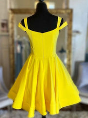 Off the Shoulder Short Yellow Satin Prom Dresses For Black girls For Women, Short Yellow Satin Formal Homecoming Dresses
