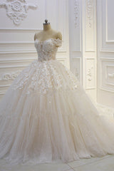 Off the shoulder Tulle Lace Appliques Sequined Wedding Dress