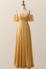 Off the Shoulder Yellow Chiffon Long Bridesmaid Dress