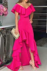 Hi-lo Off the Shoulder Long Prom Dress with Ruffles, Long Party Dress