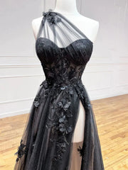 One Shoulder Black Lace Floral Long Prom Dresses For Black girls For Women, One Shoulder Black Lace Formal Evening Dresses