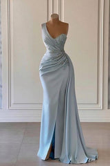 One shoulder blue prom Dress Outfits For Women in mermaid pleats