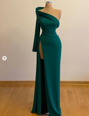 One Shoulder Long Sleeves Evening Gowns With Slit Formal Occasion Pageant Dress