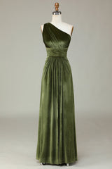 One Shoulder Olive Green Pleated Velvet Bridesmaid Dress