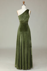 One Shoulder Olive Green Pleated Velvet Bridesmaid Dress