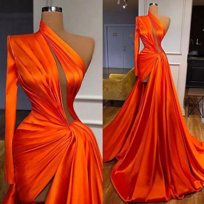 One Shoulder Prom Dress Outfits For Girls, Pleats Evening Dress