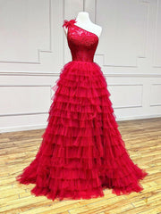 One Shoulder Red Lace High Low Prom Dresses For Black girls For Women, Red High Low Lace Formal Evening Dresses