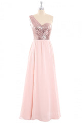 One Shoulder Rose Gold Sequin and Chiffon Long Bridesmaid Dress