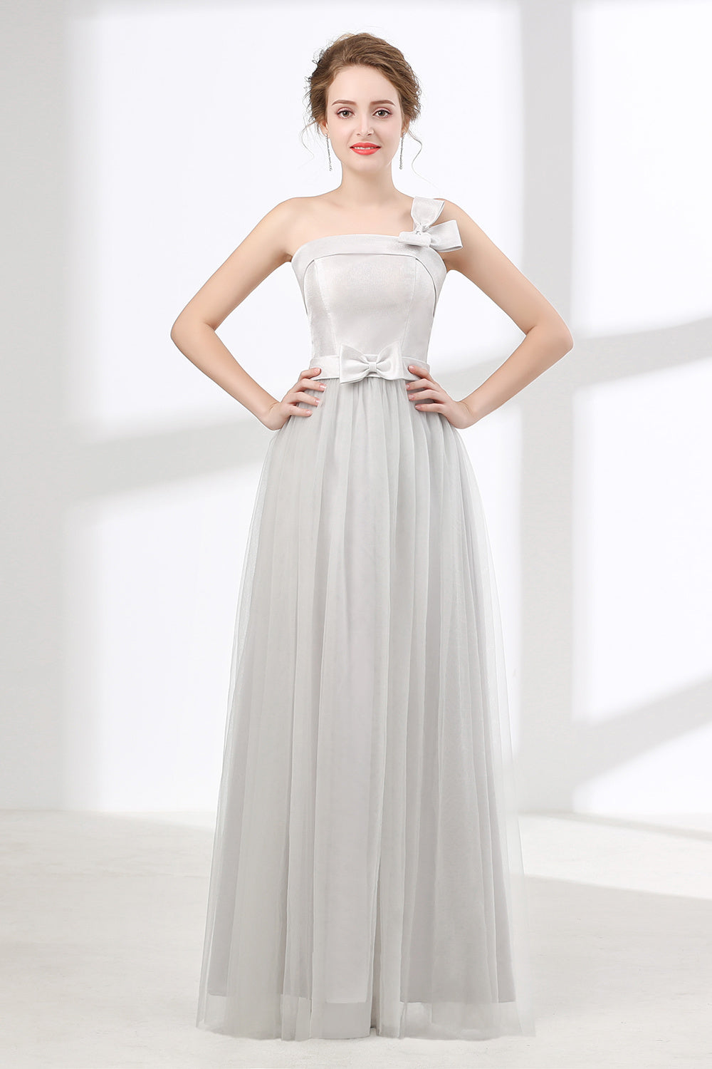One Shoulder Soft Gray Floor Length Prom Dresses