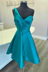 One Shoulder Teal Blue Ruched A Line Homecoming Dress Outfits For Women Cocktail Dresses