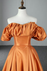 Orange Satin A-Line Floor Length Prom Dress Outfits For Girls, Off the Shoulder Evening Party Dress