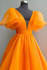 Orange V-Neck Long Prom Dress Outfits For Girls, A-Line Short Sleeve Evening Dress