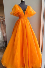 Orange V-Neck Long Prom Dress Outfits For Girls, A-Line Short Sleeve Evening Dress