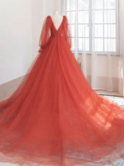 Orange v neck tulle long prom Dress Outfits For Girls, orange evening dress