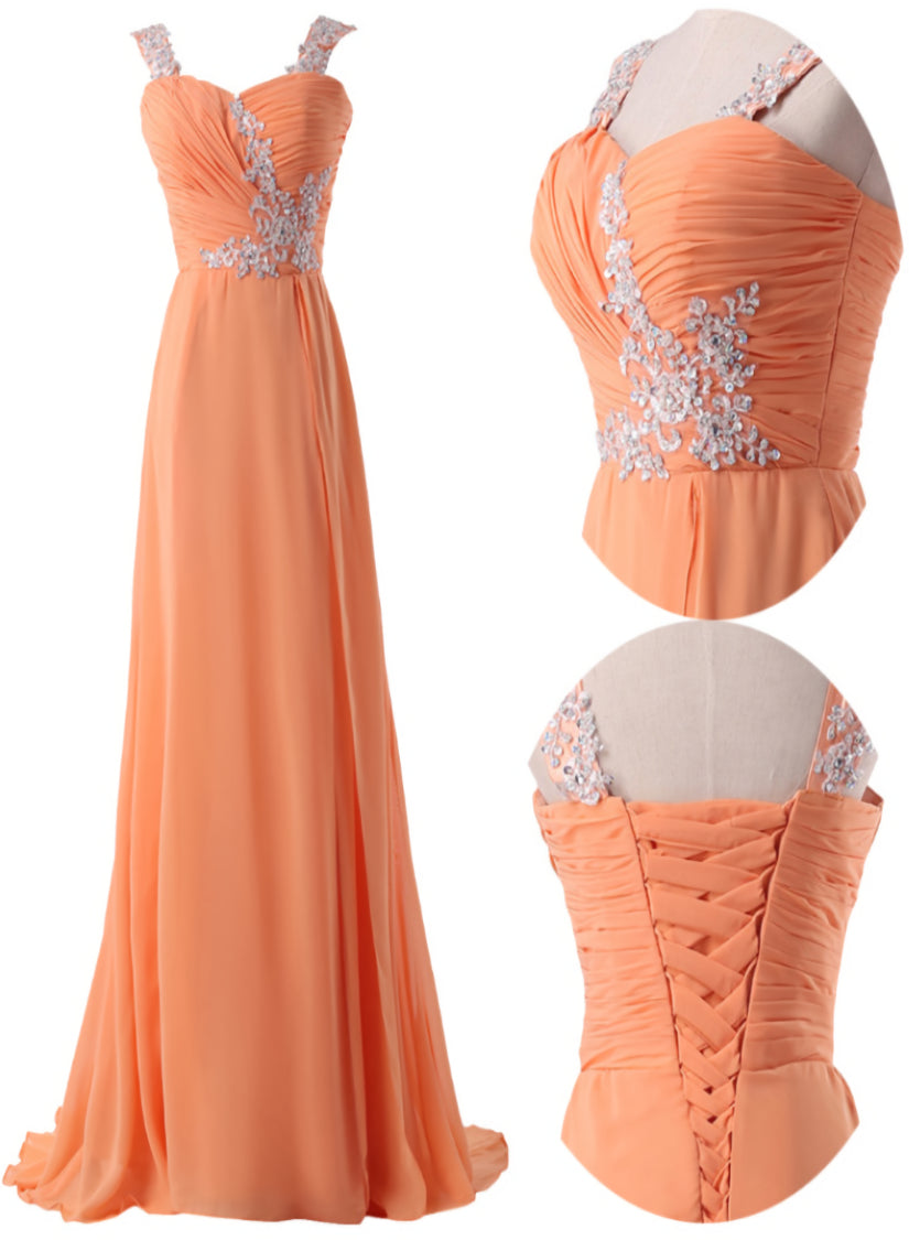 Organge Chiffon Straps Lace Applique A-line Long Prom Dress Outfits For Girls, Orange Formal Dress Outfits For Women Evening Dress