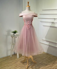 Pink A Line Off Shoulder Tea Length Prom Dress Outfits For Girls, Lace Homecoming Dresses