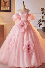 Pink A-Line Sweetheart Ball Gown Formal Dress Outfits For Women with Flowers, Off the Shoulder Evening Party Dress