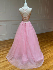 Pink A-line v neck tulle long prom Dress Outfits For Girls, pink evening dress