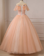Pink Ball Gown Off Shoulder Tulle Sweet 16 Dress Outfits For Women with Flowers, Pink Formal Dress