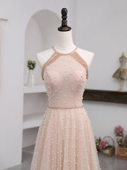 Pink Beaded Tulle Halter Long Formal Dress Outfits For Women Evening Dress Outfits For Girls, Pink Long A-line Party Dress