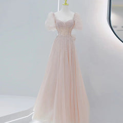 Pink Beaded Tulle Short Sleeves Long Party Dress Outfits For Girls, Pink Sweet 16 Dresses