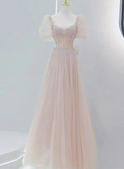 Pink Beaded Tulle Short Sleeves Long Party Dress Outfits For Girls, Pink Sweet 16 Dresses