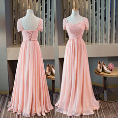 Pink Chiffon Cap Sleeves Long Bridesmaid Dress Outfits For Girls, Floor Length Pink Party Dress