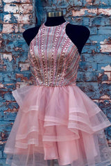 Pink Halter Beaded Short Homecoming Dress Outfits For Girls,Wedding Party Dresses