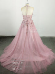 Pink High Neck Tulle Lace Applique Long Prom Dress Outfits For Girls, Pink Evening Dress