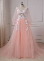 Pink Lace Applique V-neckline Long Prom Dress Outfits For Girls, Long Sleeves Fashionable Evening Gown