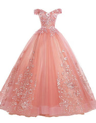 Pink Lace Flower Off Shoulder Sweet 16 Dress Outfits For Girls, Pink Long Prom Dresses For Black girls Quinceaner Dress