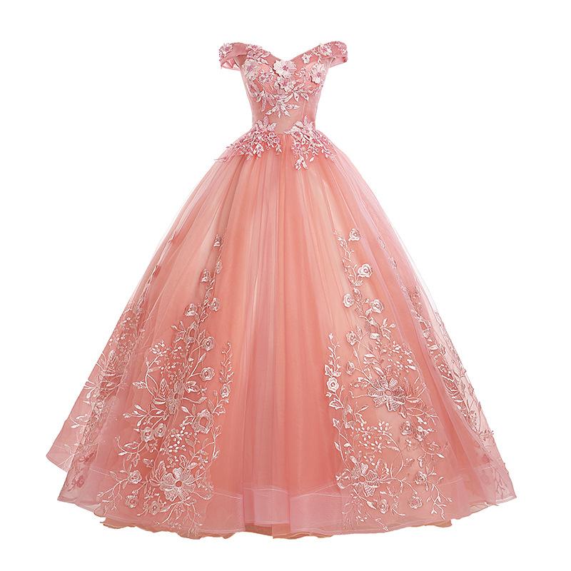 Pink Lace Flower Off Shoulder Sweet 16 Dress Outfits For Girls, Pink Long Prom Dresses For Black girls Quinceaner Dress