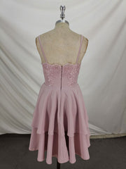 Pink Lace Satin Lace Short Prom Dress Outfits For Girls, Pink Homecoming Dresses