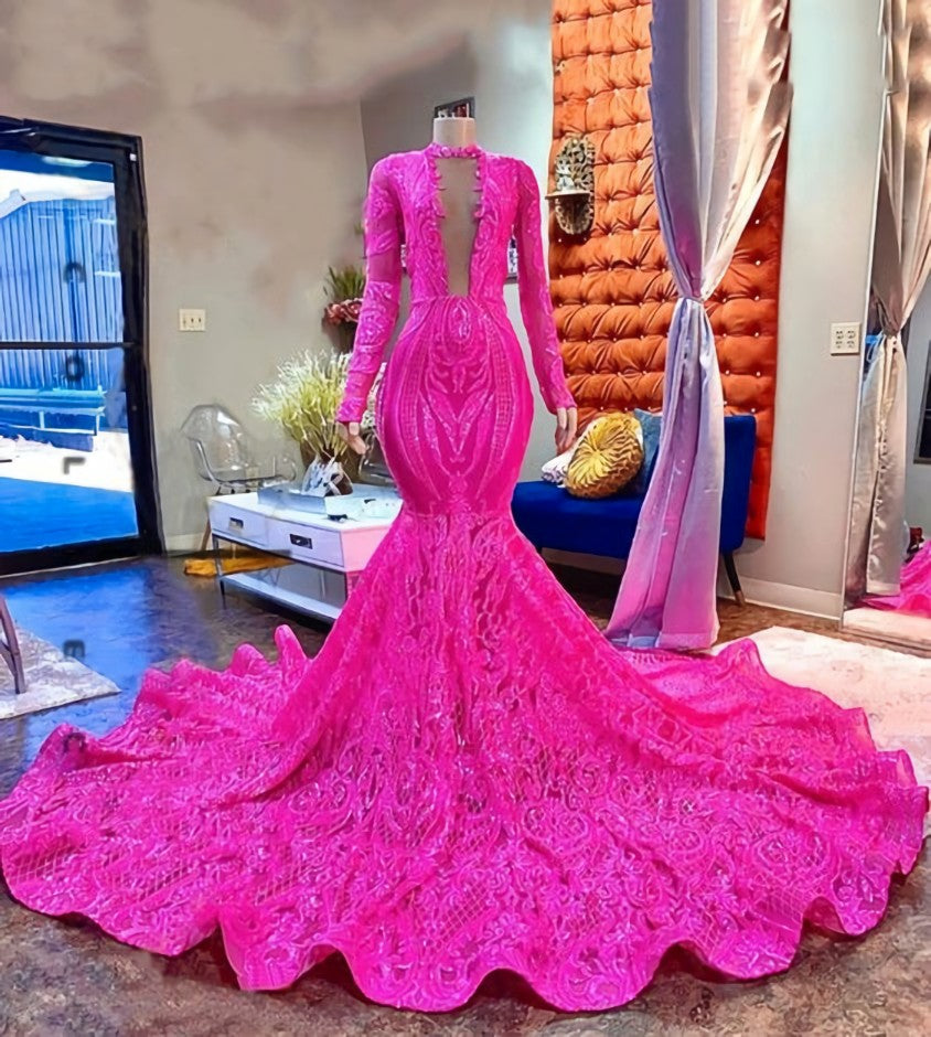 Pink Lace Sexy Fitted Mermaid Style Long Sleeve High Neck African Black Girls Long Prom Dresses