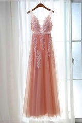 Pink Long New Prom Dress Outfits For Girls, Party Dress Outfits For Women with Lace Applique