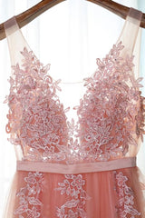 Pink Long New Prom Dress Outfits For Girls, Party Dress Outfits For Women with Lace Applique