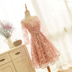 Pink Long Sleeves Lace Wedding Party Dress Outfits For Girls, Charming Party Dress