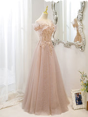 Pink Off Shoulder Shiny Tulle with Beaded and Lace Prom Dress Outfits For Girls, Pink Formal Dresses