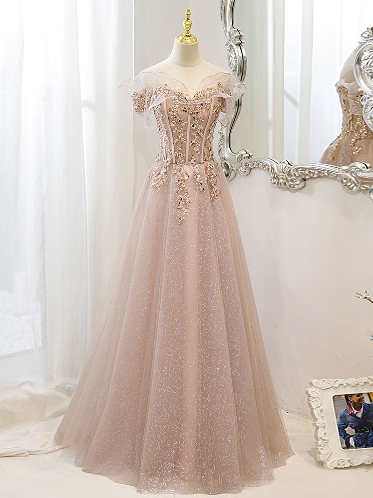 Pink Off Shoulder Shiny Tulle with Beaded and Lace Prom Dress Outfits For Girls, Pink Formal Dresses