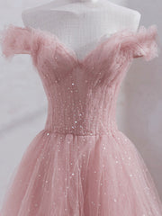Pink Off Shoulder Tulle Tea Length Prom Dress Outfits For Girls,Pink Tulle Wedding Party Dresses