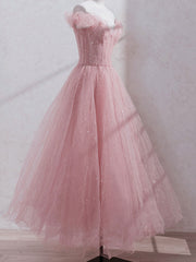 Pink Off Shoulder Tulle Tea Length Prom Dress Outfits For Girls,Pink Tulle Wedding Party Dresses