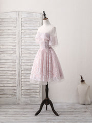 Pink Round Neck Lace Tulle Short Prom Dress Outfits For Girls, Pink Homecoming Dress