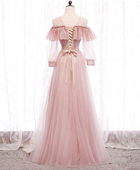 Pink Round Neck Tulle Lace Long Prom Dress Outfits For Women Pink Lace Evening Dress