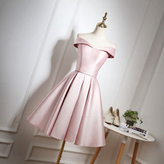 Pink Satin Knee Length Homecoming Dress Outfits For Girls, Off the Shoulder Homecoming Dress