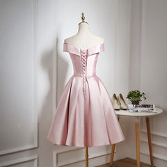 Pink Satin Knee Length Homecoming Dress Outfits For Girls, Off the Shoulder Homecoming Dress